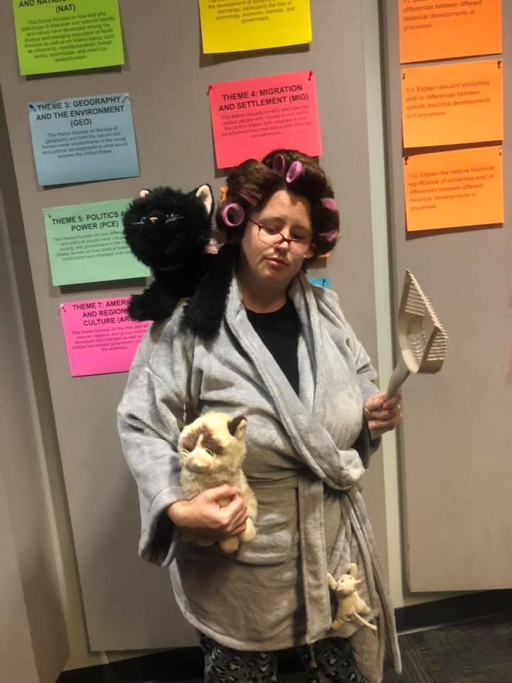 Teachers dressed as a "Crazy Cat Lady"