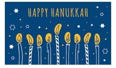 Graphic design of 9 it candles on blue and white background with text reading, "Happy Hanukkah"